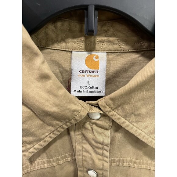 Carhartt For Women Size Large Khaki Western Shirt Pearl Snaps Workwear Casual - Picture 3 of 4